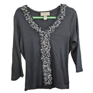 Nature Art Lynn Yang Womens Top Size Medium Black Tethered Ruffle V-Neck Artsy